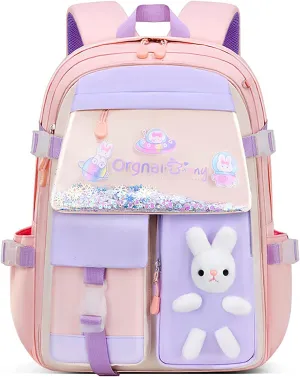 MCWTH School Backpack for Girls, Lightweight Waterproof Cute Bunny School Bookbag for Teen Kids Students Elementary (Rabbit Pink) Large
