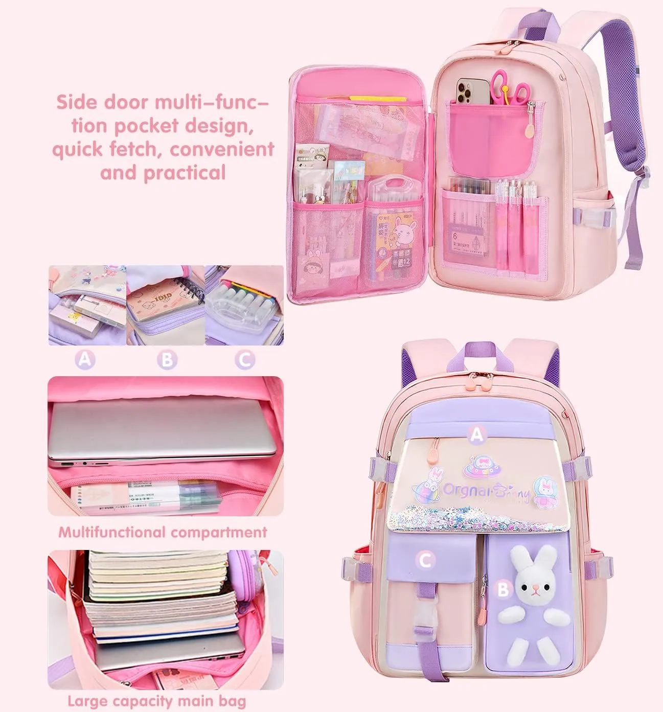 MCWTH School Backpack for Girls, Lightweight Waterproof Cute Bunny School Bookbag for Teen Kids Students Elementary (Rabbit Pink) Large