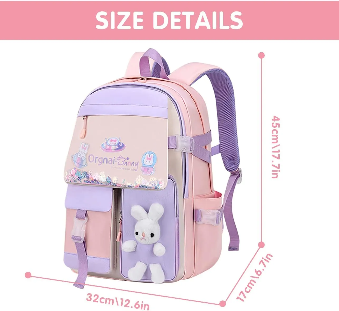MCWTH School Backpack for Girls, Lightweight Waterproof Cute Bunny School Bookbag for Teen Kids Students Elementary (Rabbit Pink) Large