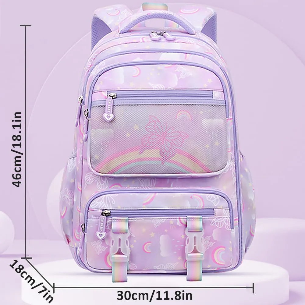 MCWTH School Backpack for Girls, Lightweight Waterproof Cute Butterfly School Bookbag for Teen Kids Students Elementary (Butterfly Purple)