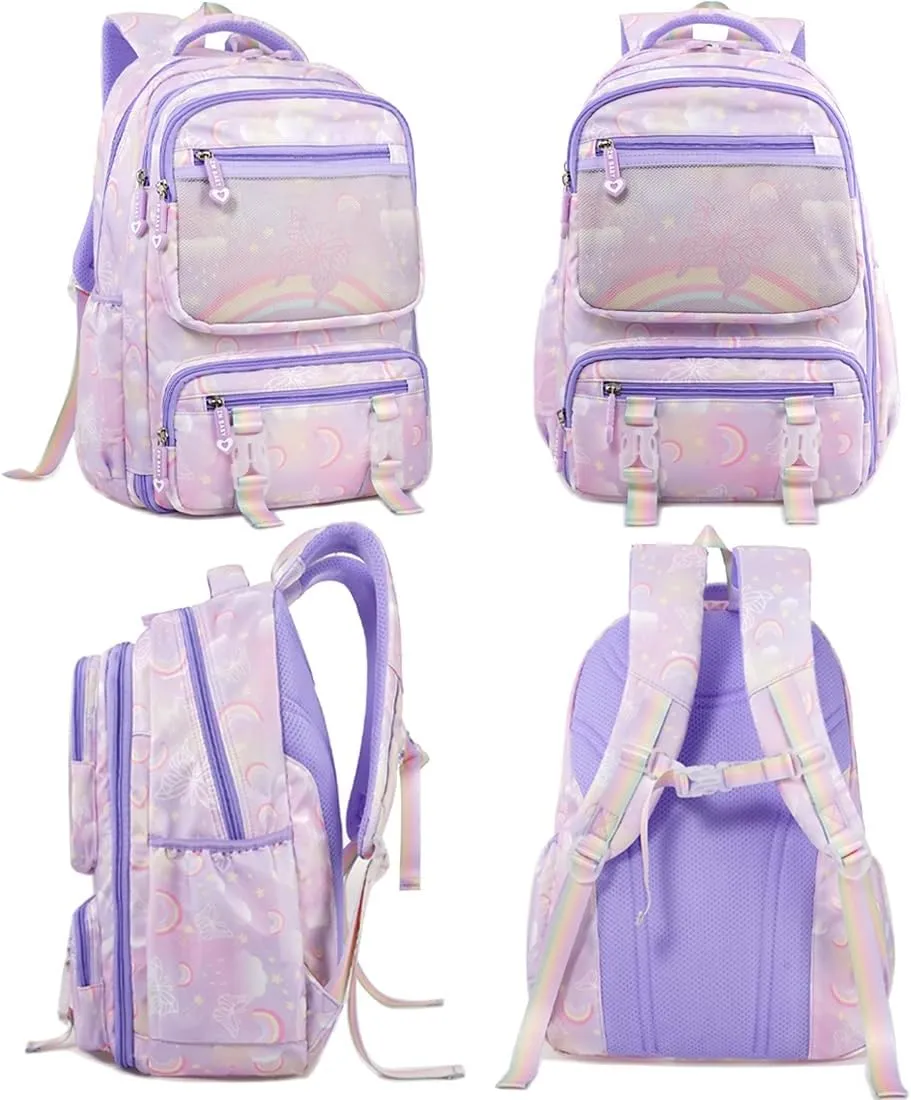 MCWTH School Backpack for Girls, Lightweight Waterproof Cute Butterfly School Bookbag for Teen Kids Students Elementary (Butterfly Purple)