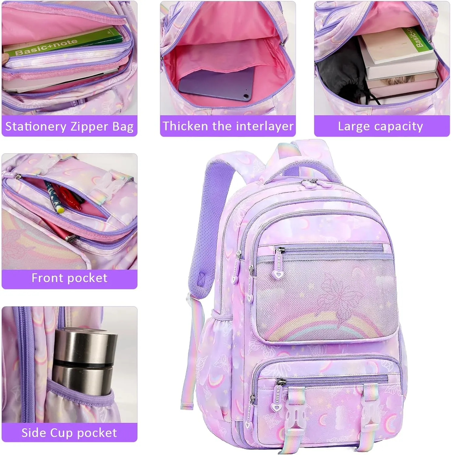 MCWTH School Backpack for Girls, Lightweight Waterproof Cute Butterfly School Bookbag for Teen Kids Students Elementary (Butterfly Purple)
