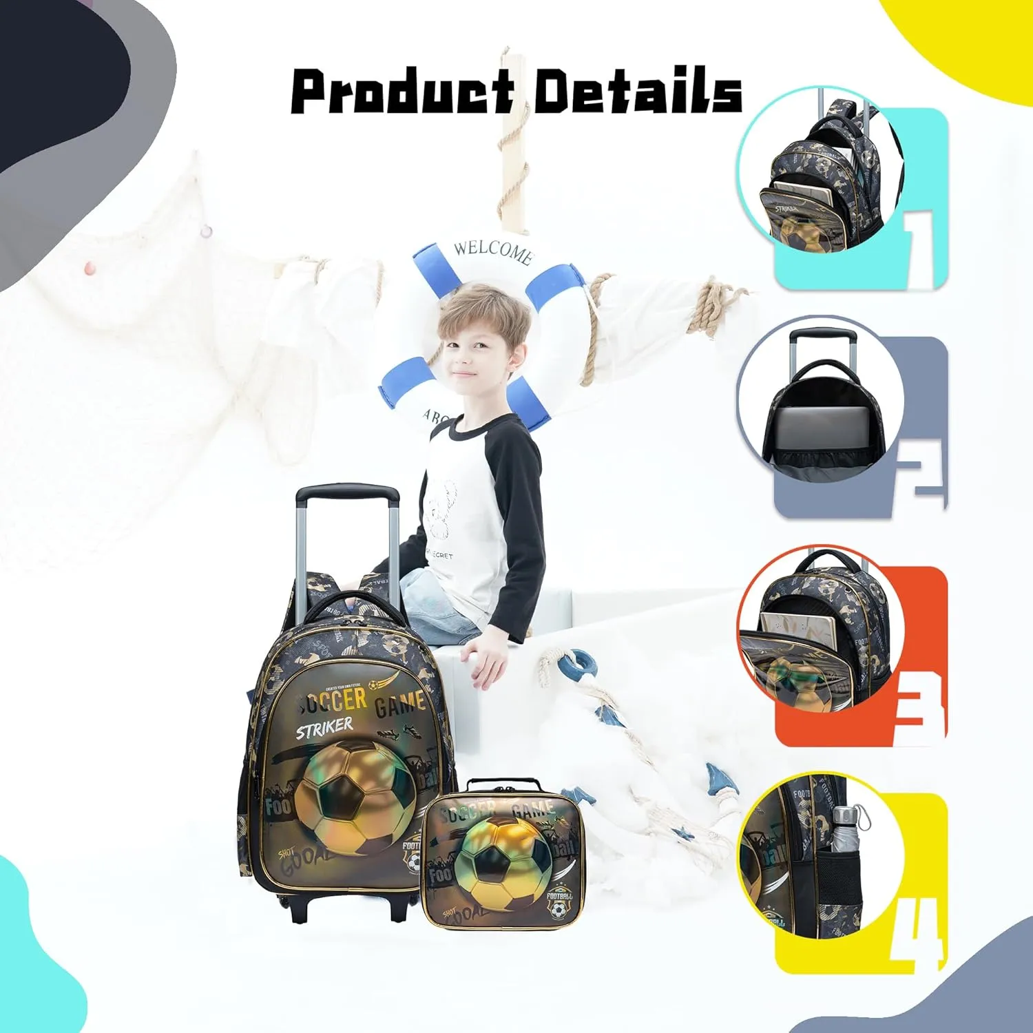 Meetbelify Rolling Backpacks for Boys Backpacks with Wheels for Elementary Students Kids Travel Luggage for Boys Ages 6-8