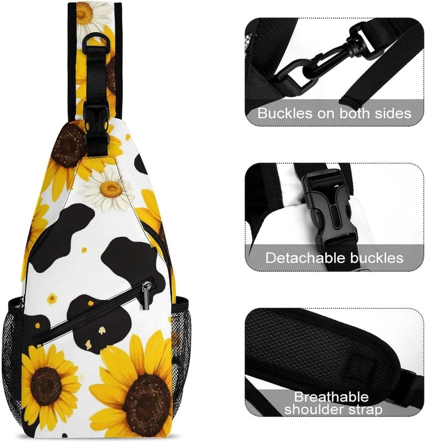 Men & Women Sling Backpack Gym Bags Sack Daypack Outdoor Backpack - Anti-Theft Multipurpose Bookbag, Handy Crossbody Chest Rucksack - 80S Vintage Sunflower Cow Print