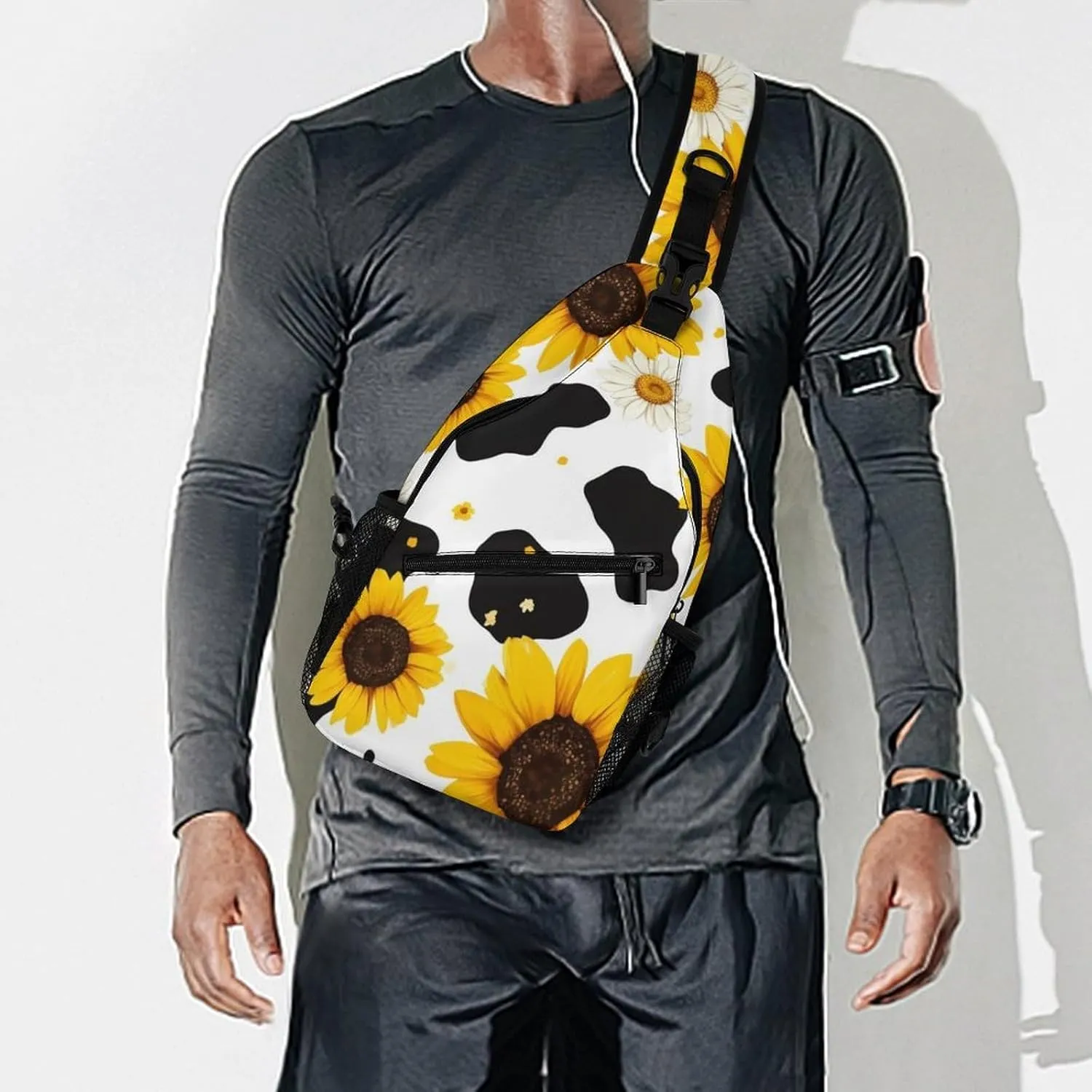 Men & Women Sling Backpack Gym Bags Sack Daypack Outdoor Backpack - Anti-Theft Multipurpose Bookbag, Handy Crossbody Chest Rucksack - 80S Vintage Sunflower Cow Print