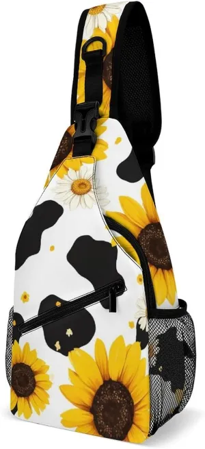Men & Women Sling Backpack Gym Bags Sack Daypack Outdoor Backpack - Anti-Theft Multipurpose Bookbag, Handy Crossbody Chest Rucksack - 80S Vintage Sunflower Cow Print