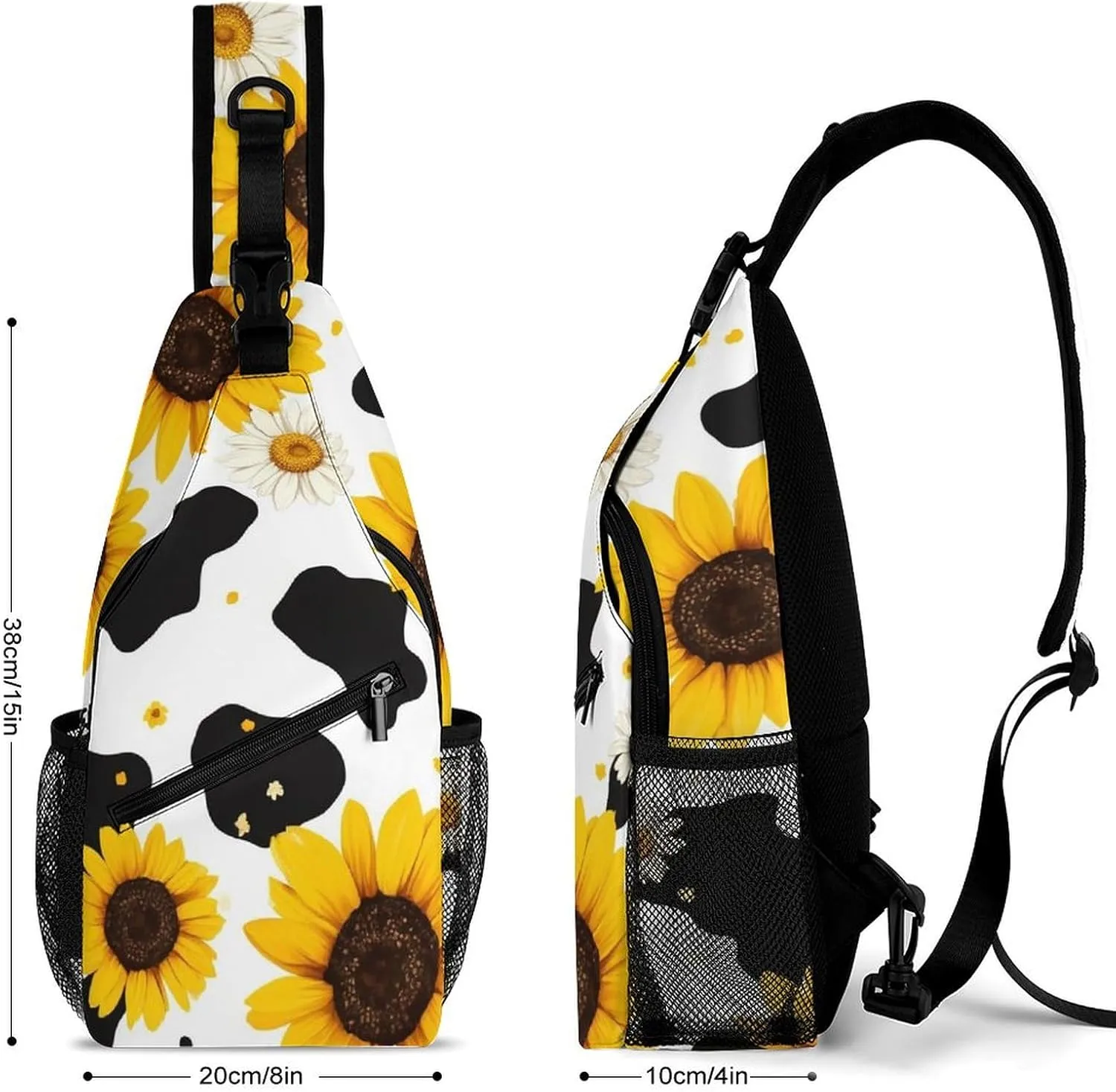 Men & Women Sling Backpack Gym Bags Sack Daypack Outdoor Backpack - Anti-Theft Multipurpose Bookbag, Handy Crossbody Chest Rucksack - 80S Vintage Sunflower Cow Print