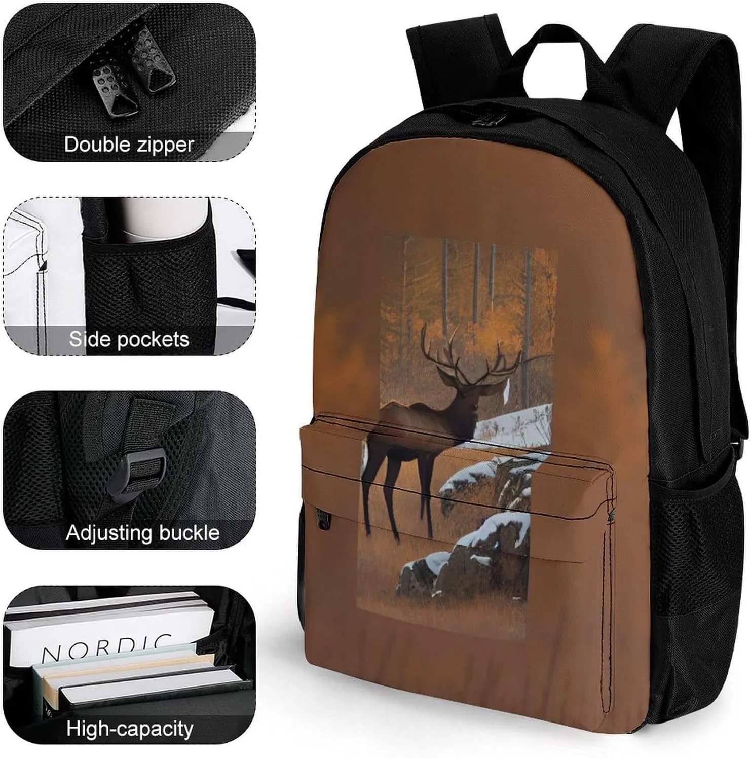 Men Women Lightweight Elk Art Daypack Bookbag Big Capacity Carry On Bag With Side Pockets for Camping Travel Bicycle