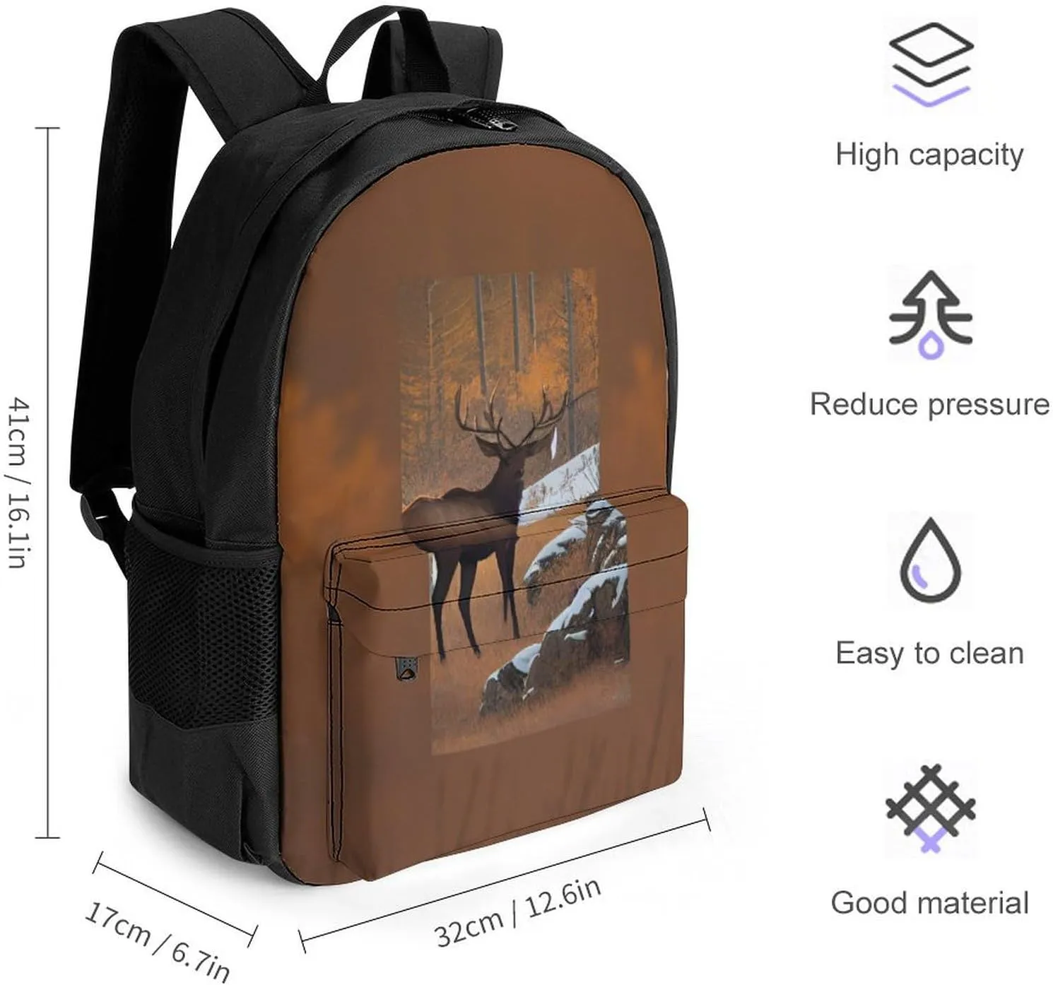 Men Women Lightweight Elk Art Daypack Bookbag Big Capacity Carry On Bag With Side Pockets for Camping Travel Bicycle