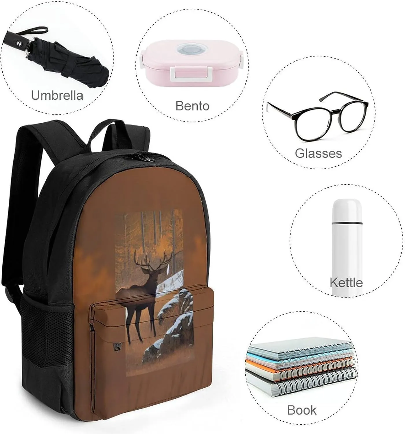 Men Women Lightweight Elk Art Daypack Bookbag Big Capacity Carry On Bag With Side Pockets for Camping Travel Bicycle