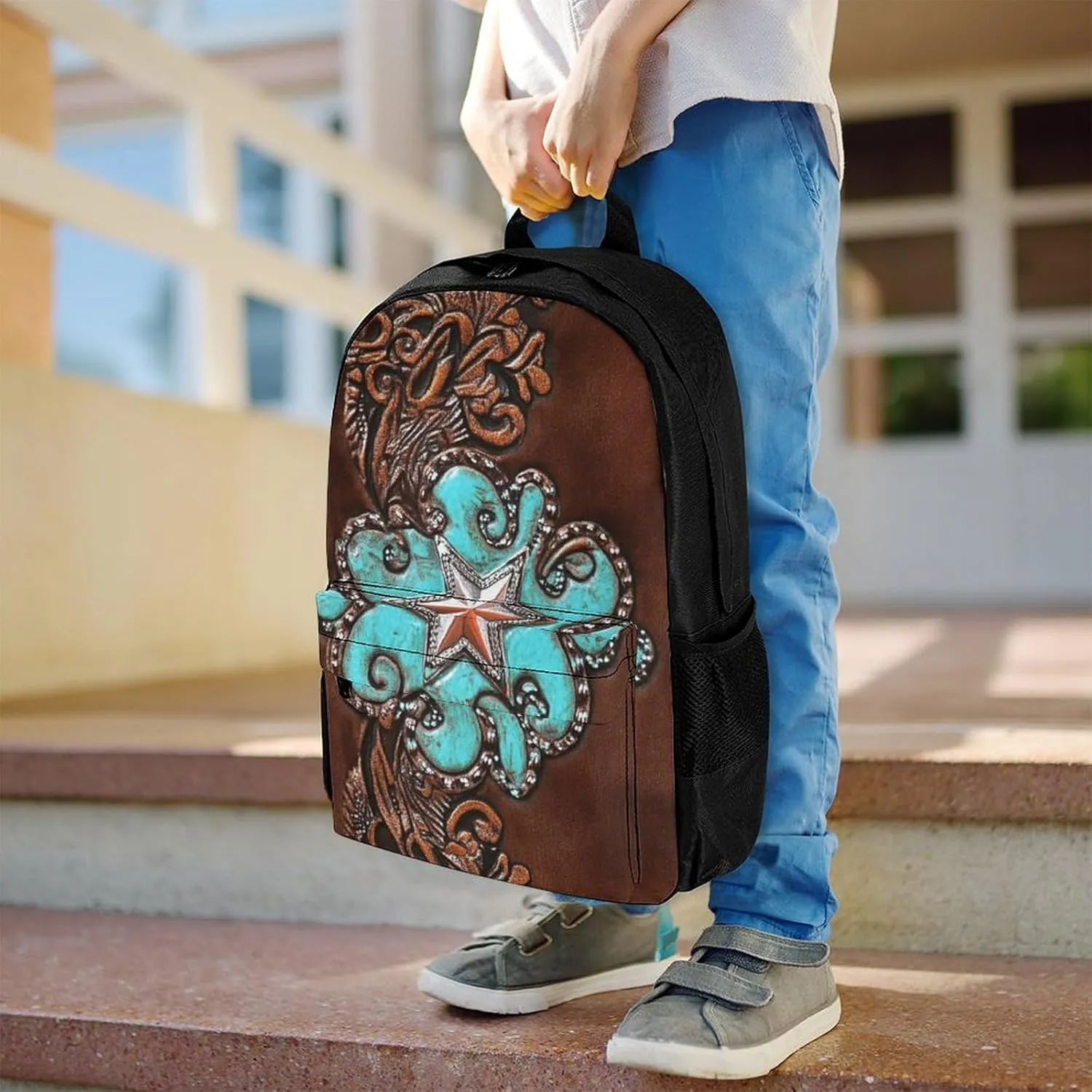 Men Women Polyester Primitive CowMan Western Country Brown Star Rustic Casual Daypack Large Capacity Carry On Bag With Adjustable Shoulder Straps for Camping Work Running