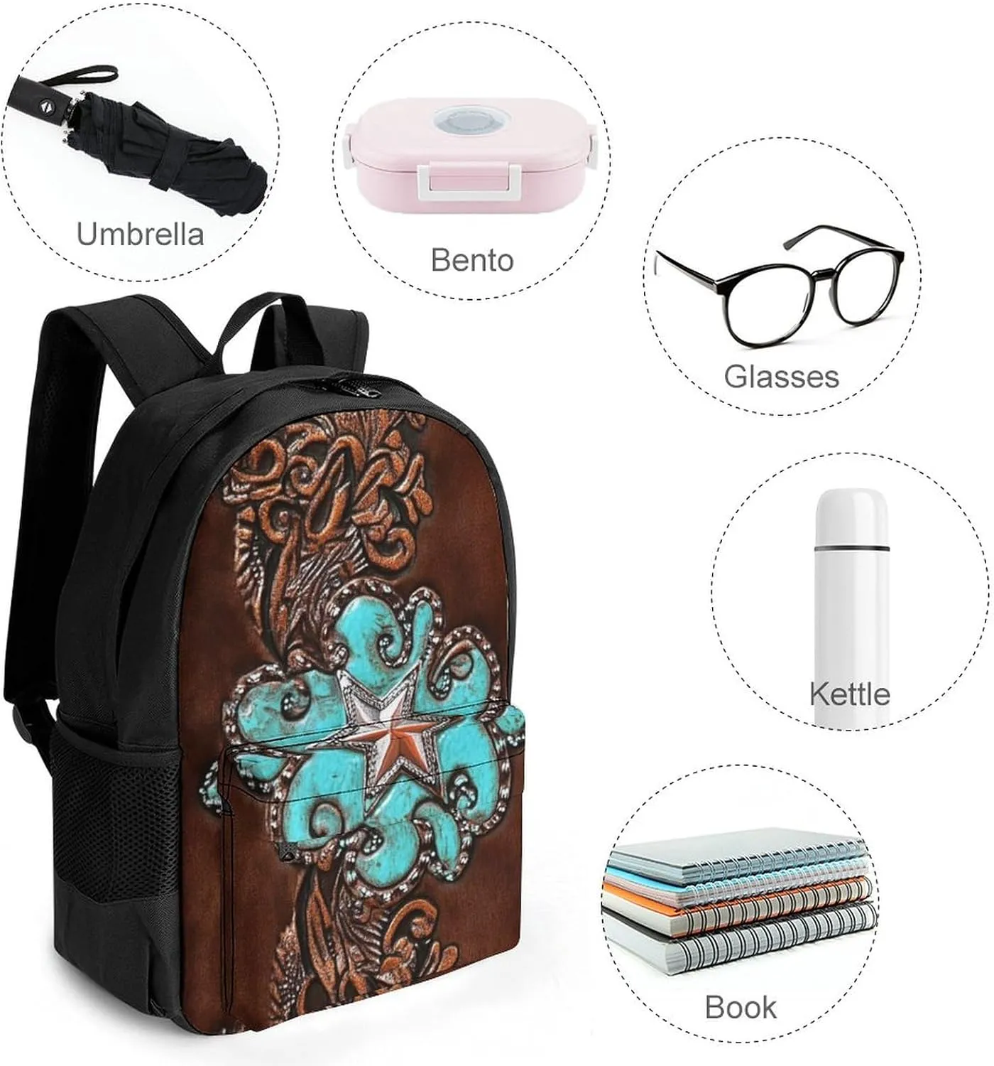Men Women Polyester Primitive CowMan Western Country Brown Star Rustic Casual Daypack Large Capacity Carry On Bag With Adjustable Shoulder Straps for Camping Work Running
