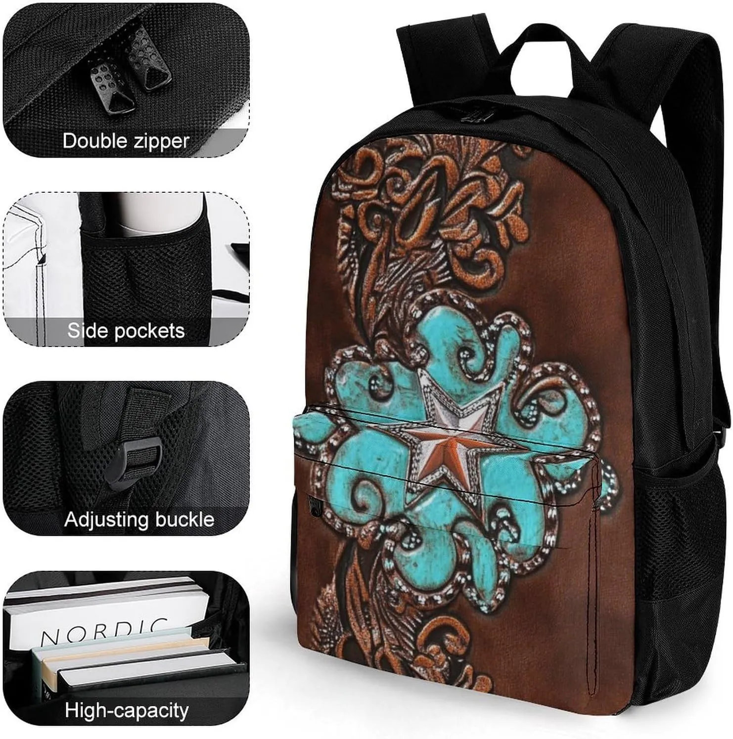 Men Women Polyester Primitive CowMan Western Country Brown Star Rustic Casual Daypack Large Capacity Carry On Bag With Adjustable Shoulder Straps for Camping Work Running