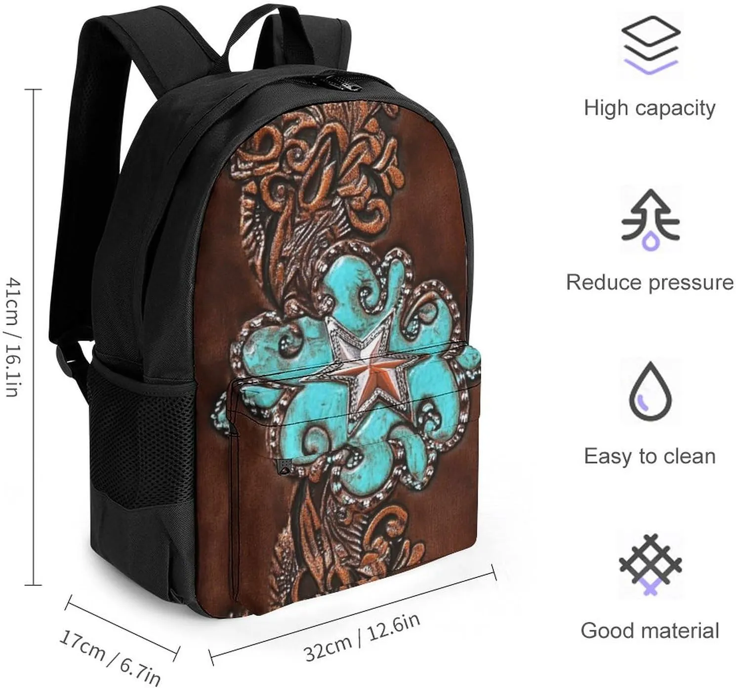 Men Women Polyester Primitive CowMan Western Country Brown Star Rustic Casual Daypack Large Capacity Carry On Bag With Adjustable Shoulder Straps for Camping Work Running