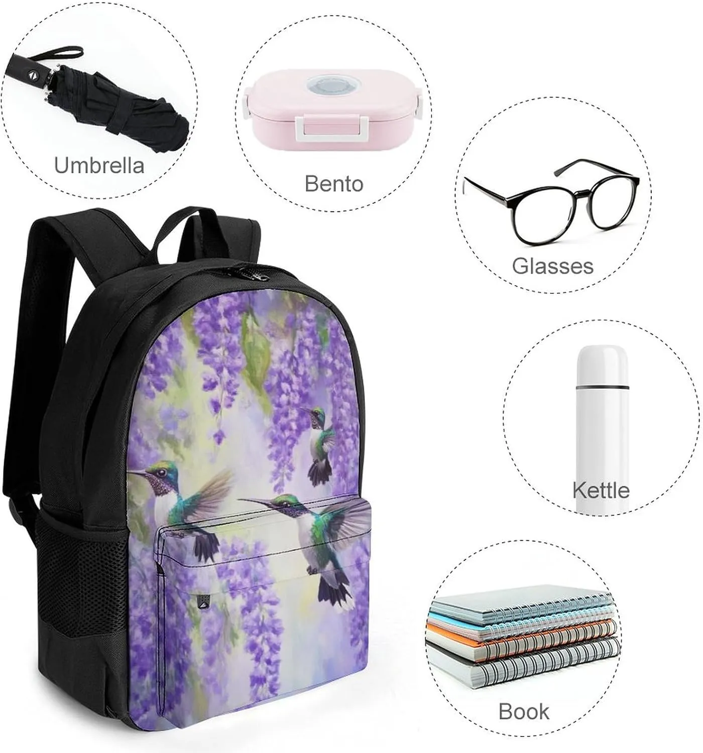 Men Women Polyester Purple Flowers And Hummingbirds Art Daypack Big Capacity Shoulder Bag With Adjustable Shoulder Straps for Camping Travel Walking Cycling