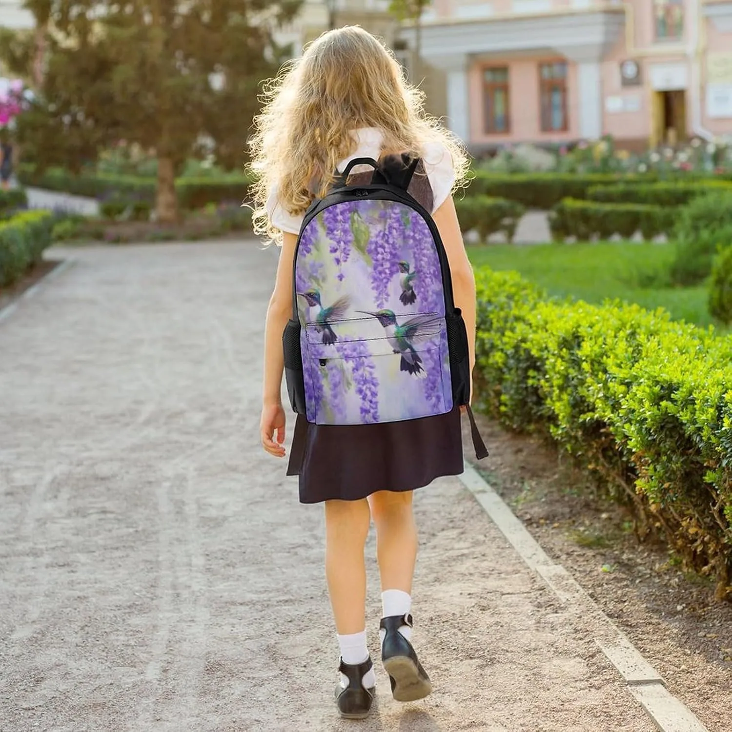Men Women Polyester Purple Flowers And Hummingbirds Art Daypack Big Capacity Shoulder Bag With Adjustable Shoulder Straps for Camping Travel Walking Cycling