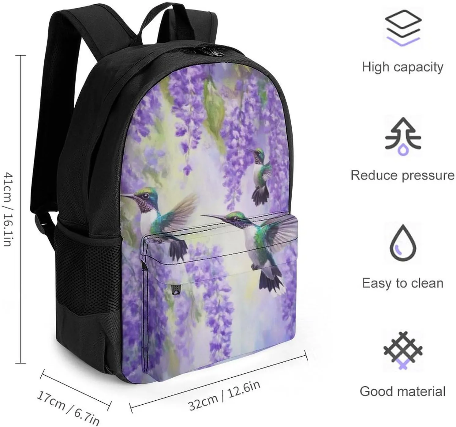 Men Women Polyester Purple Flowers And Hummingbirds Art Daypack Big Capacity Shoulder Bag With Adjustable Shoulder Straps for Camping Travel Walking Cycling