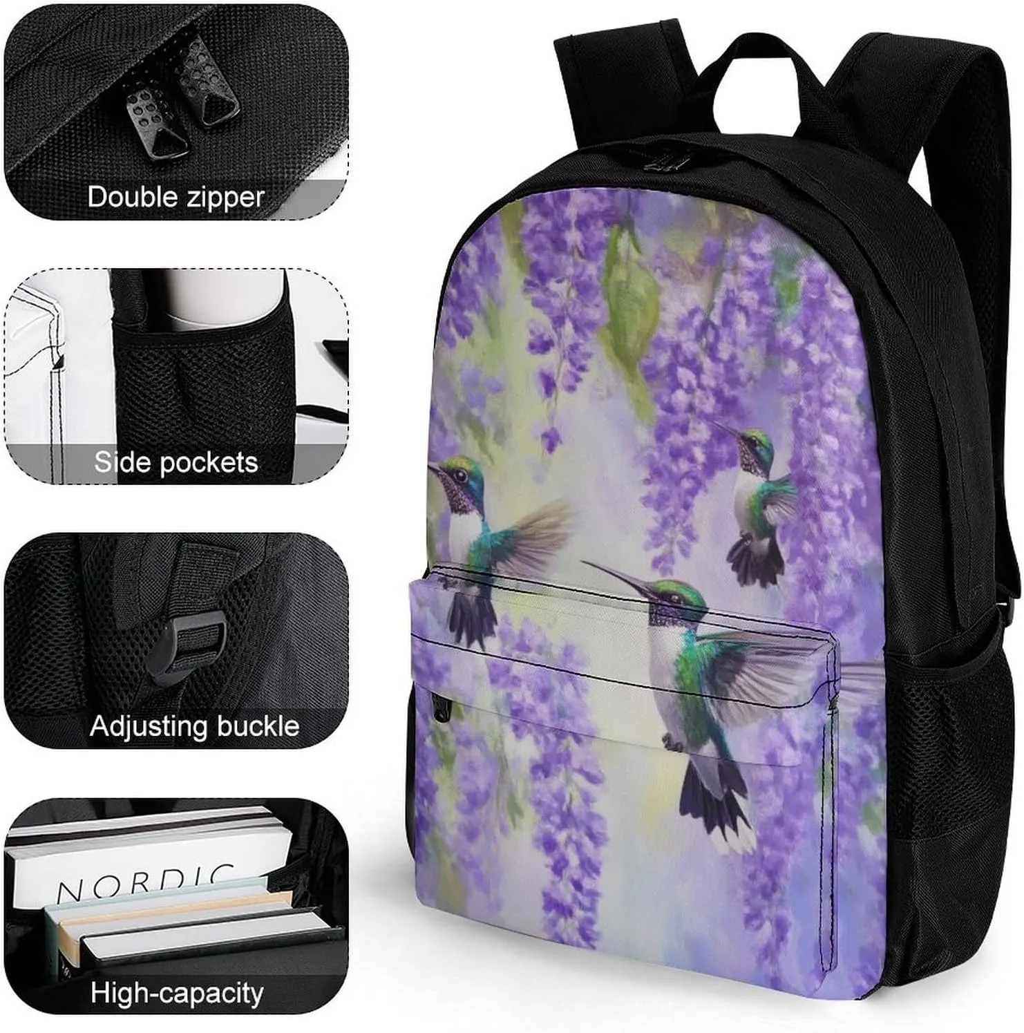 Men Women Polyester Purple Flowers And Hummingbirds Art Daypack Big Capacity Shoulder Bag With Adjustable Shoulder Straps for Camping Travel Walking Cycling