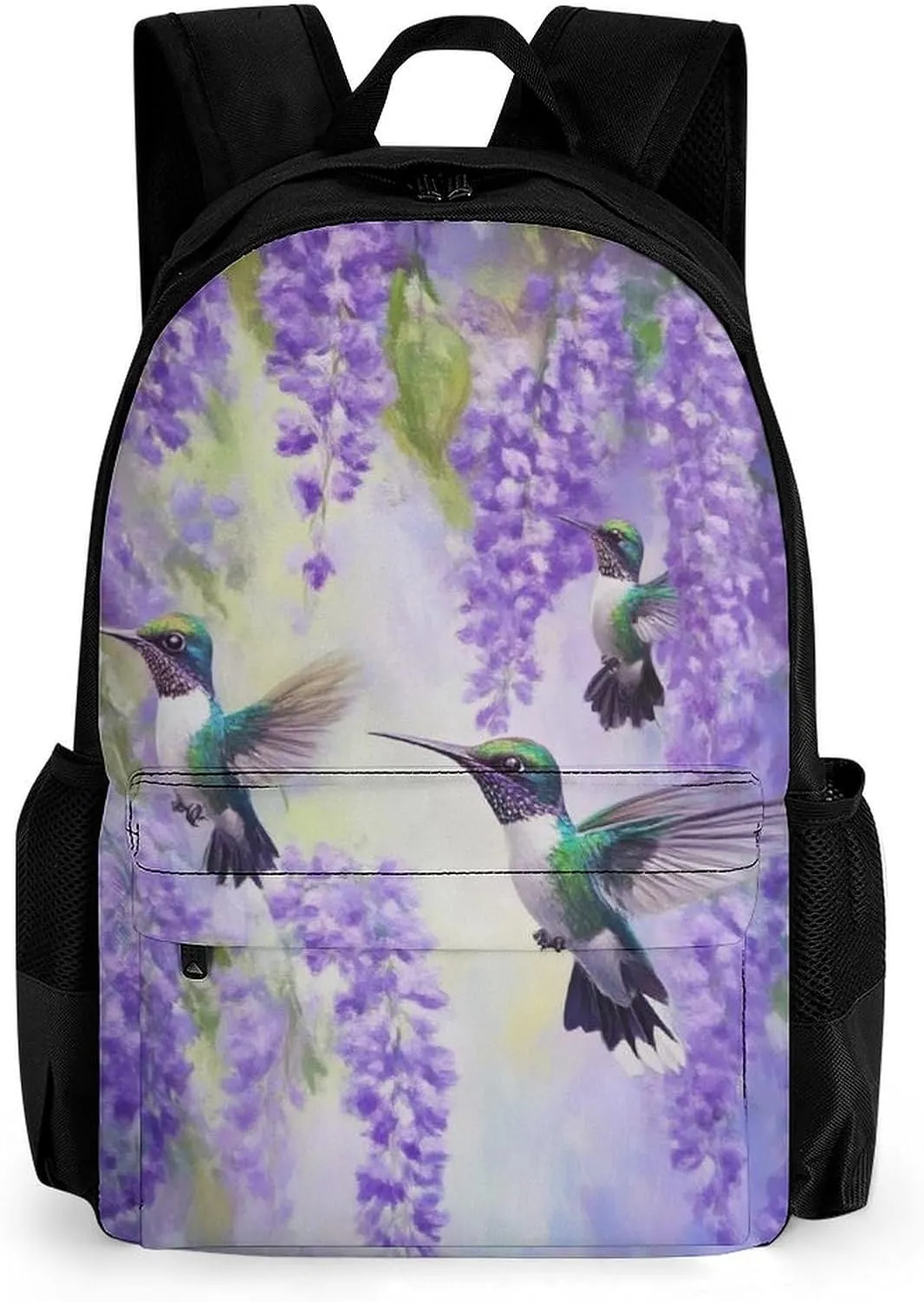 Men Women Polyester Purple Flowers And Hummingbirds Art Daypack Big Capacity Shoulder Bag With Adjustable Shoulder Straps for Camping Travel Walking Cycling
