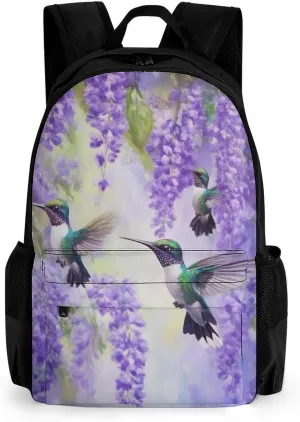Men Women Polyester Purple Flowers And Hummingbirds Art Daypack Big Capacity Shoulder Bag With Adjustable Shoulder Straps for Camping Travel Walking Cycling