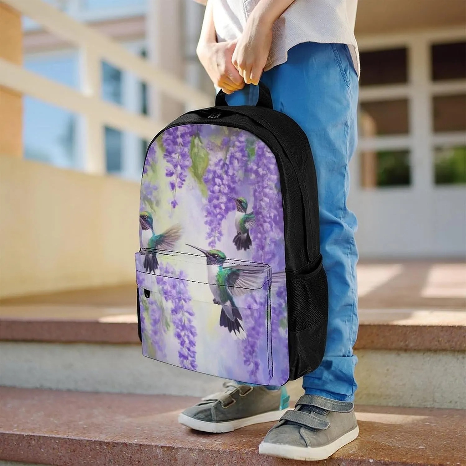 Men Women Polyester Purple Flowers And Hummingbirds Art Daypack Big Capacity Shoulder Bag With Adjustable Shoulder Straps for Camping Travel Walking Cycling