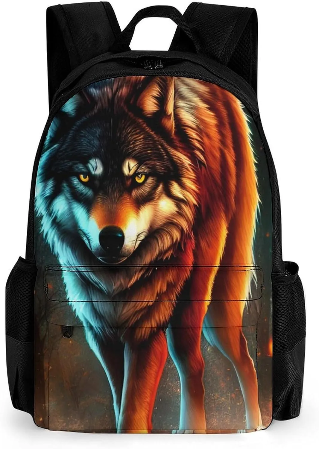 Men Women Polyester Wolf Glare Art Casual Daypack Large Capacity Carry On Bag With Adjustable Shoulder Straps for Camping Work Running
