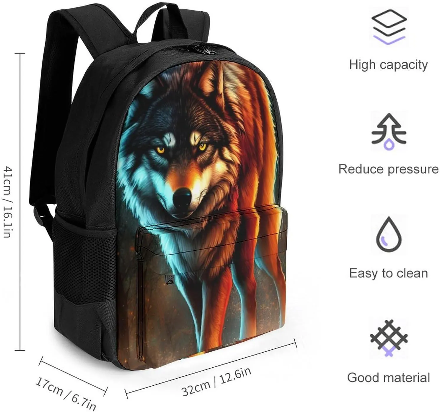 Men Women Polyester Wolf Glare Art Casual Daypack Large Capacity Carry On Bag With Adjustable Shoulder Straps for Camping Work Running