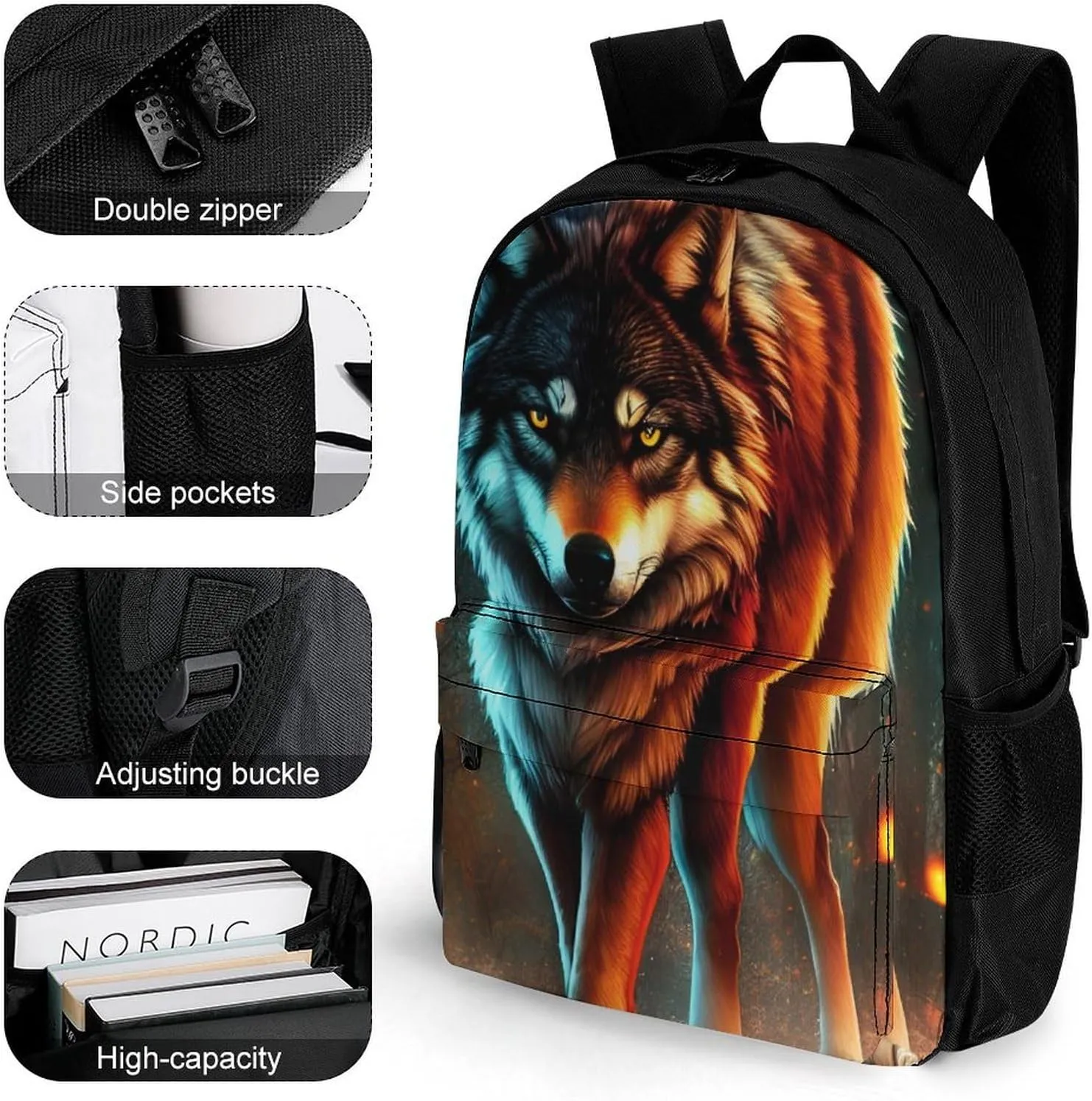 Men Women Polyester Wolf Glare Art Casual Daypack Large Capacity Carry On Bag With Adjustable Shoulder Straps for Camping Work Running