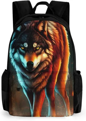 Men Women Polyester Wolf Glare Art Casual Daypack Large Capacity Carry On Bag With Adjustable Shoulder Straps for Camping Work Running