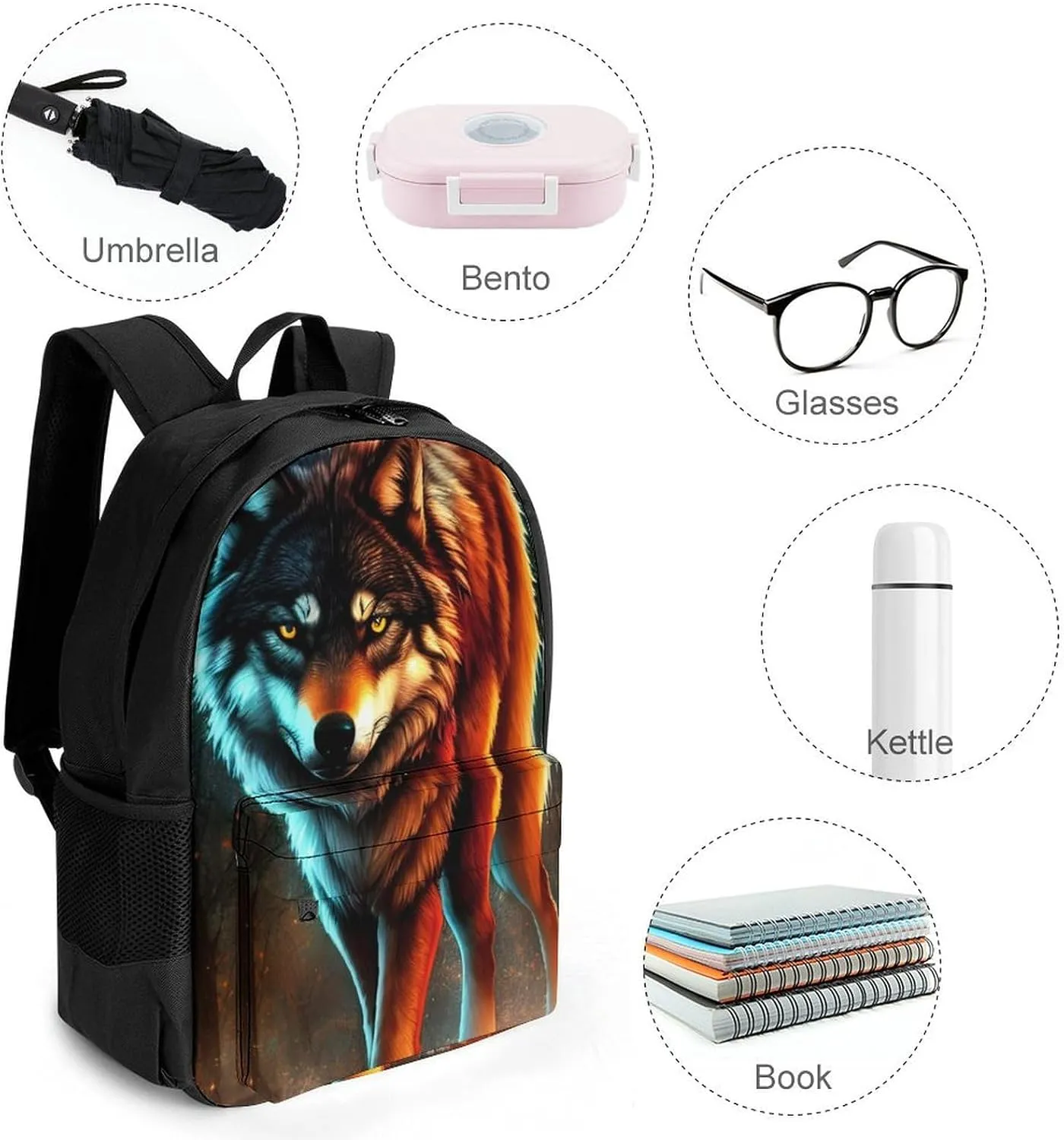 Men Women Polyester Wolf Glare Art Casual Daypack Large Capacity Carry On Bag With Adjustable Shoulder Straps for Camping Work Running