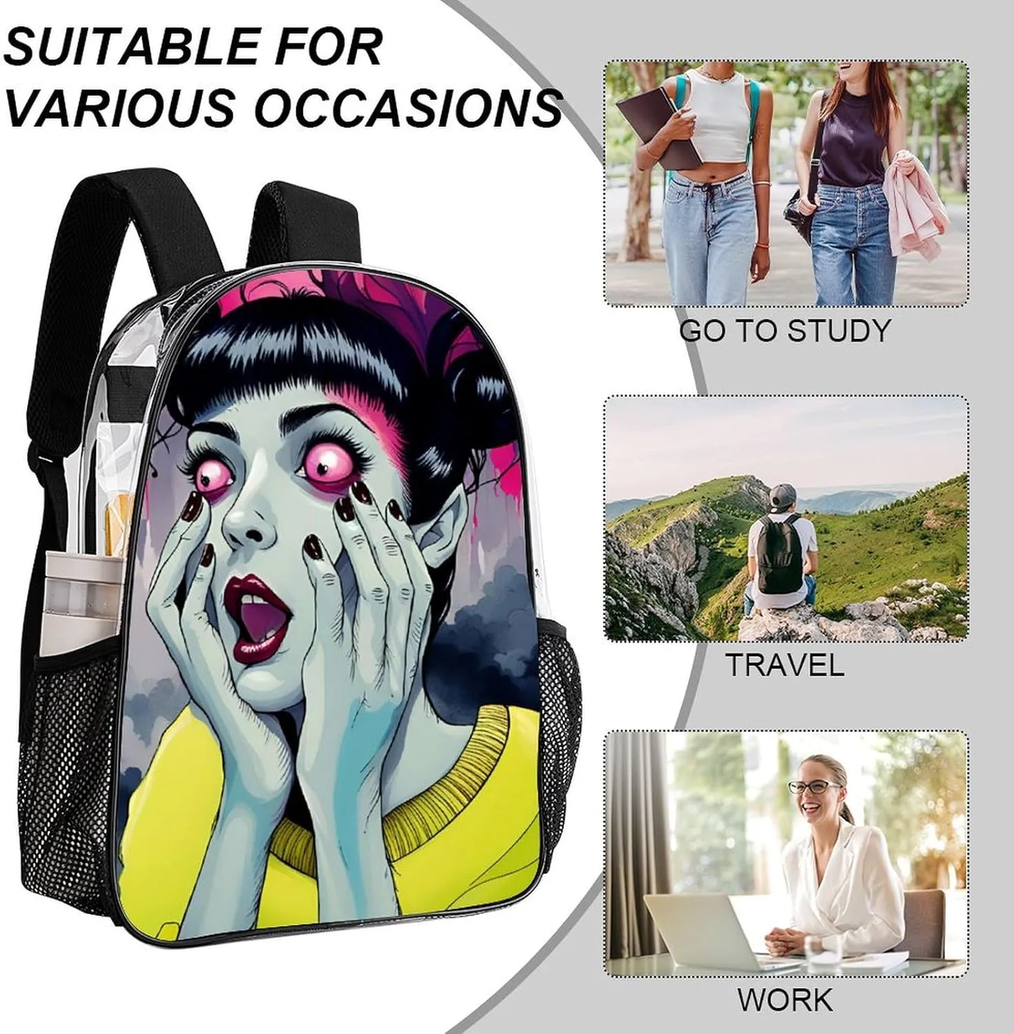 Men Women Transparent Cool Goth Gotik Gothic Women Women Art Daypack Big Capacity Shoulder Bag With Smooth Zippers for Hiking Work Walking Cycling