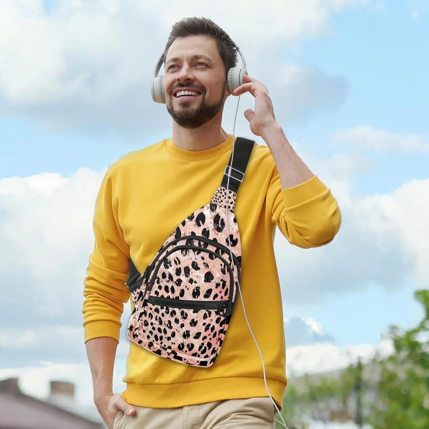 Men's Sling Backpack, Leopard Skin