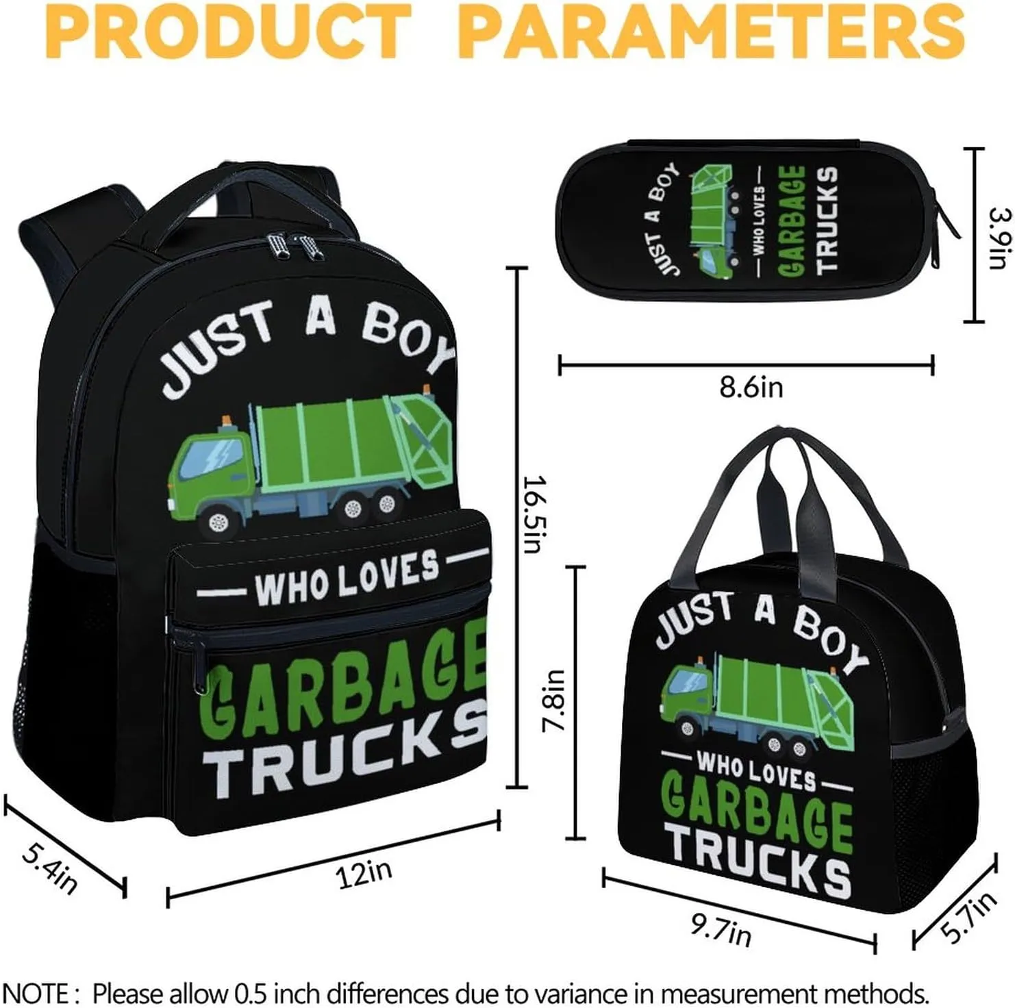 Mercuryelf School Backpack for Boys - 17 Inch Large Capacity 3 in 1 Backpack with Lunch Bag Set - Black Lightweight Durable Garbage Truck Bookbag