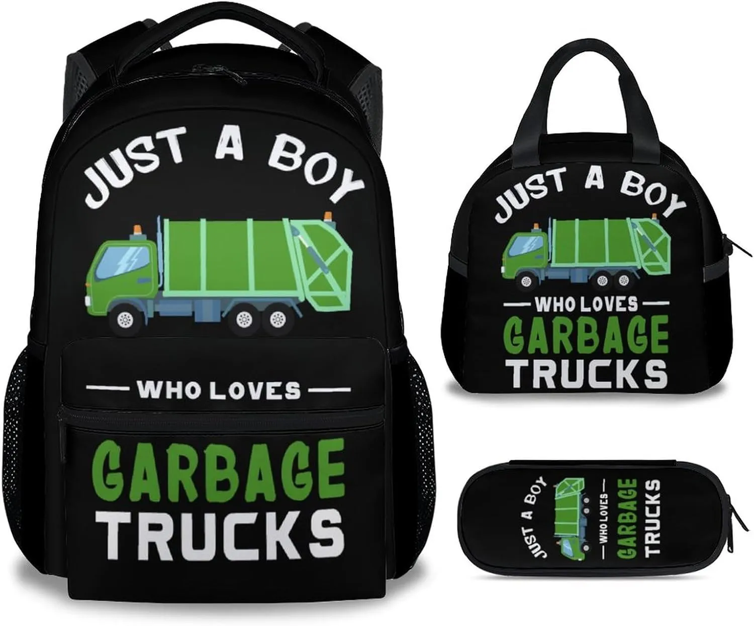Mercuryelf School Backpack for Boys - 17 Inch Large Capacity 3 in 1 Backpack with Lunch Bag Set - Black Lightweight Durable Garbage Truck Bookbag