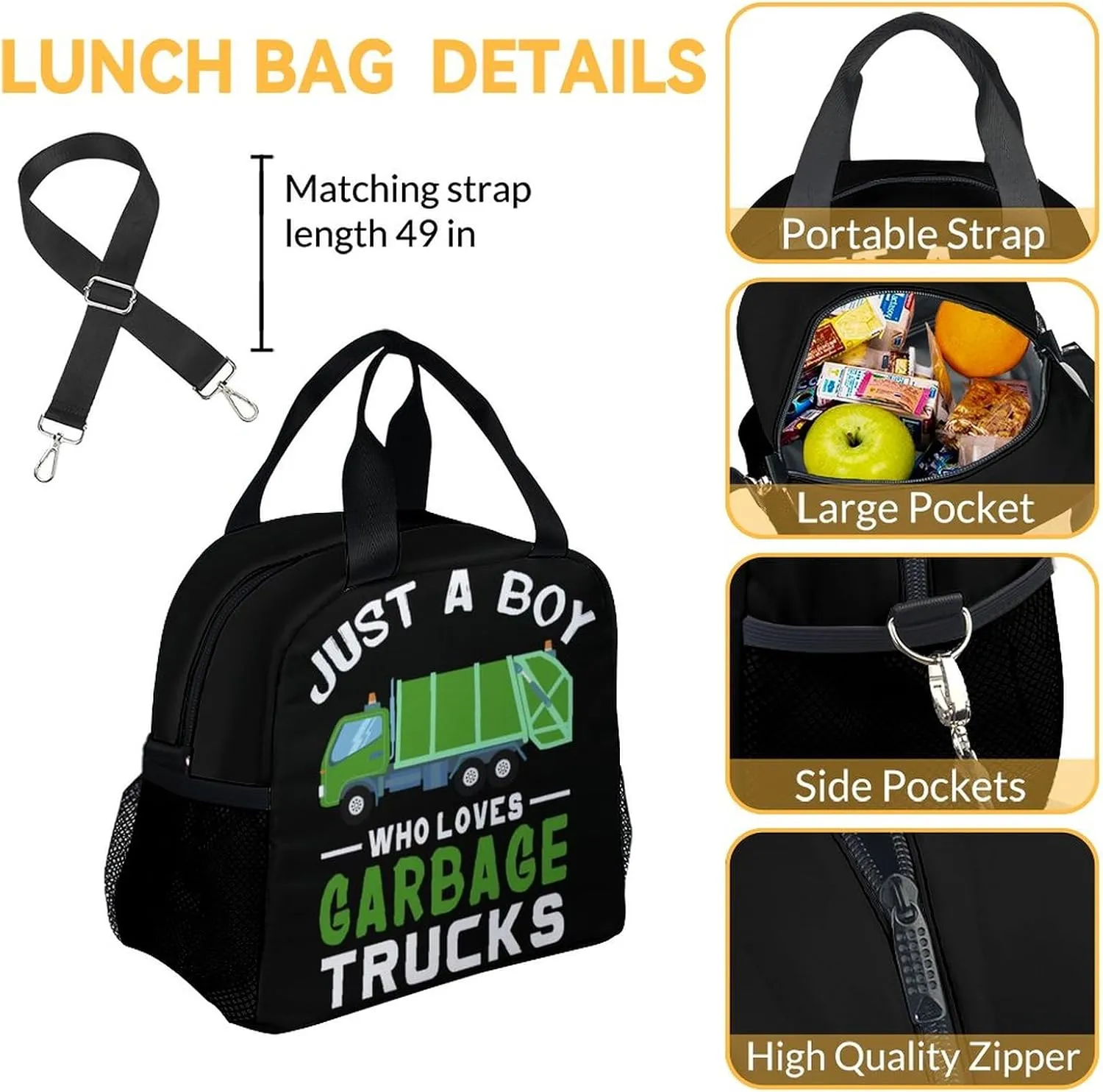 Mercuryelf School Backpack for Boys - 17 Inch Large Capacity 3 in 1 Backpack with Lunch Bag Set - Black Lightweight Durable Garbage Truck Bookbag