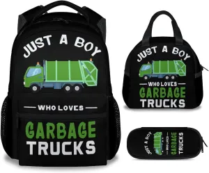 Mercuryelf School Backpack for Boys - 17 Inch Large Capacity 3 in 1 Backpack with Lunch Bag Set - Black Lightweight Durable Garbage Truck Bookbag