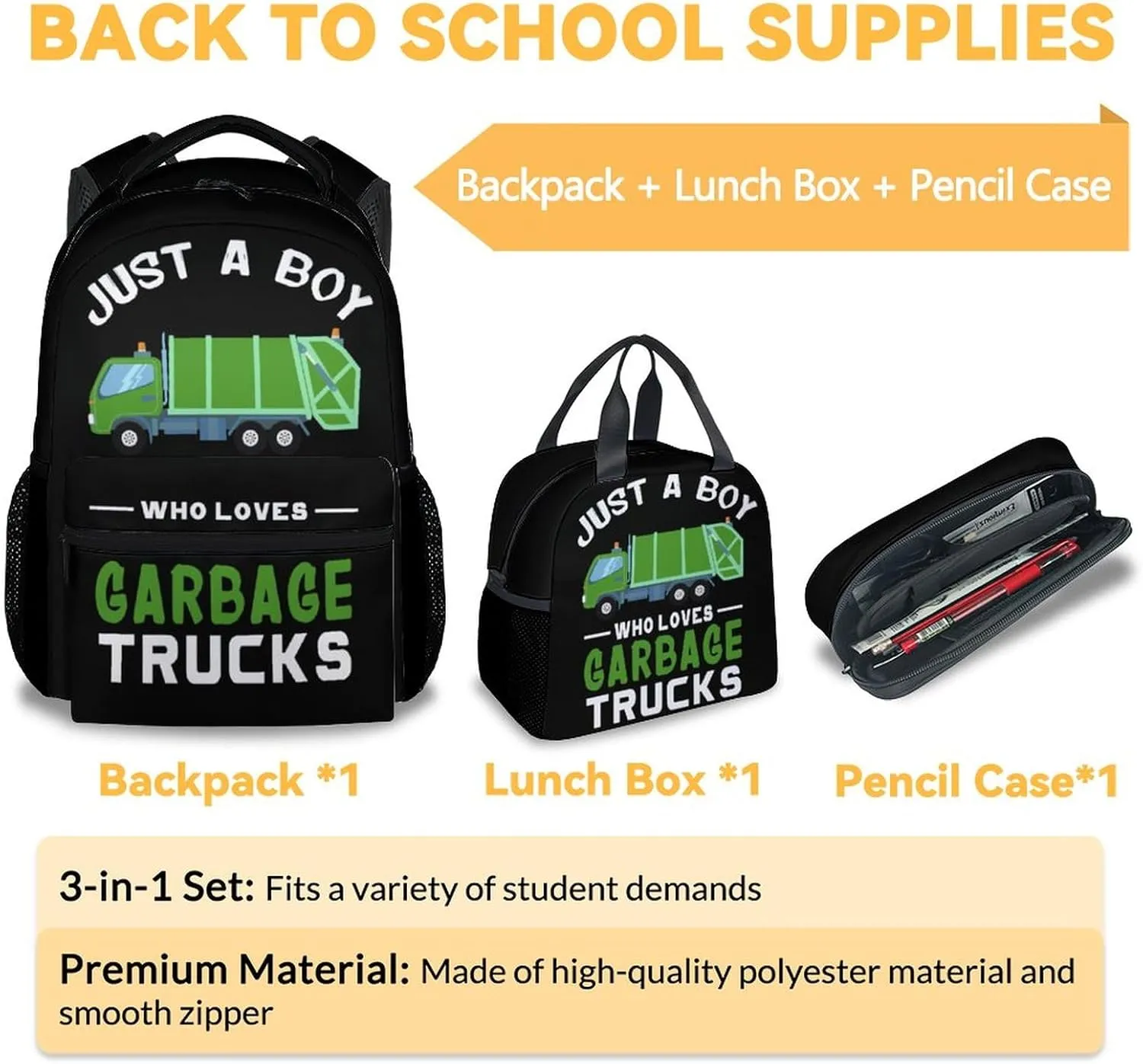 Mercuryelf School Backpack for Boys - 17 Inch Large Capacity 3 in 1 Backpack with Lunch Bag Set - Black Lightweight Durable Garbage Truck Bookbag