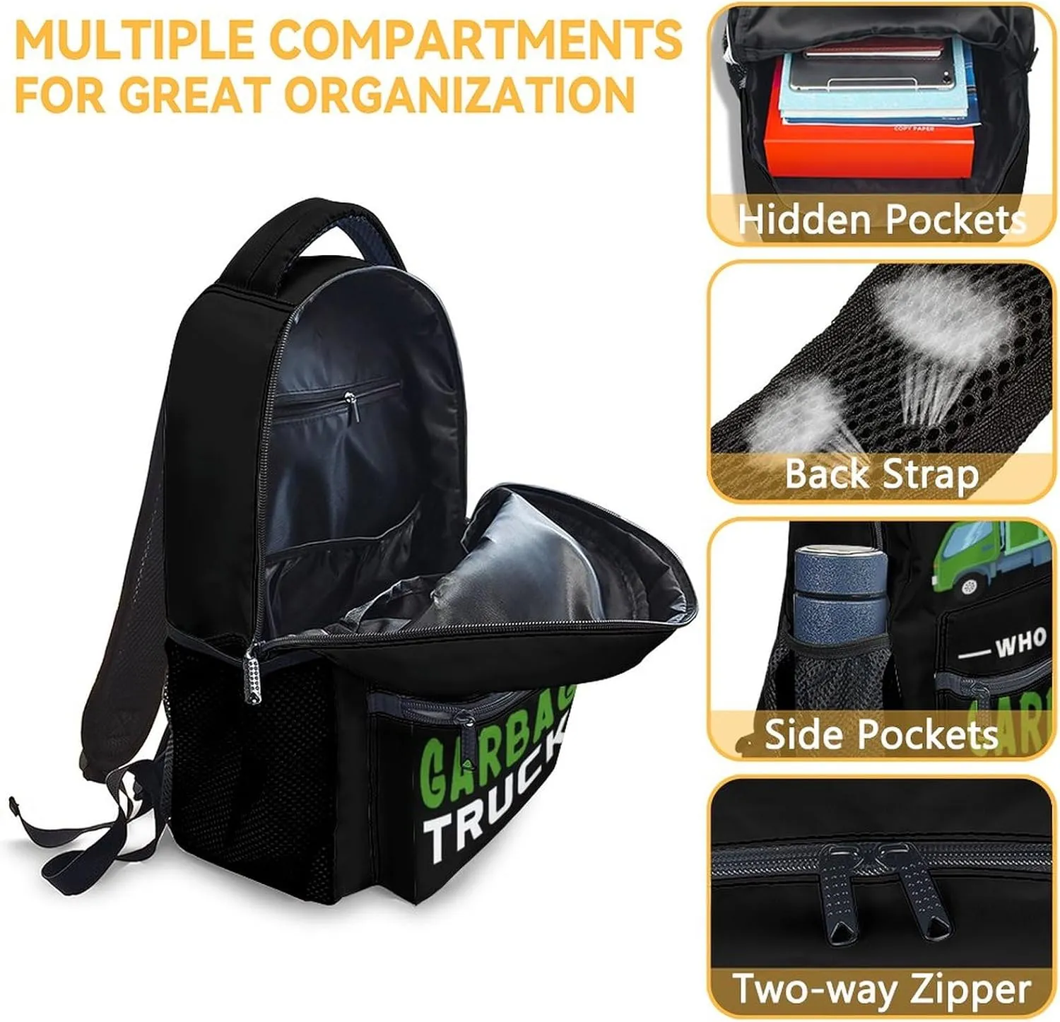 Mercuryelf School Backpack for Boys - 17 Inch Large Capacity 3 in 1 Backpack with Lunch Bag Set - Black Lightweight Durable Garbage Truck Bookbag