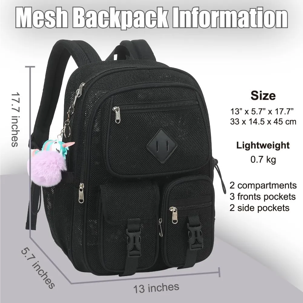 Mesh Backpack for Girls Boys, Heavy Duty Semi-Transparent Mesh Bookbag Womens Mens Mesh Backpacks for School, Sports, Beach, Swimming, Travel Black