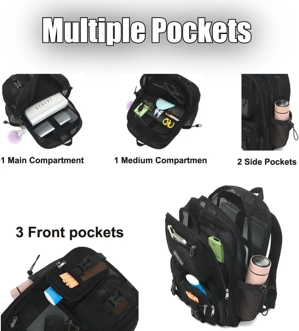 Mesh Backpack for Girls Boys, Heavy Duty Semi-Transparent Mesh Bookbag Womens Mens Mesh Backpacks for School, Sports, Beach, Swimming, Travel Black
