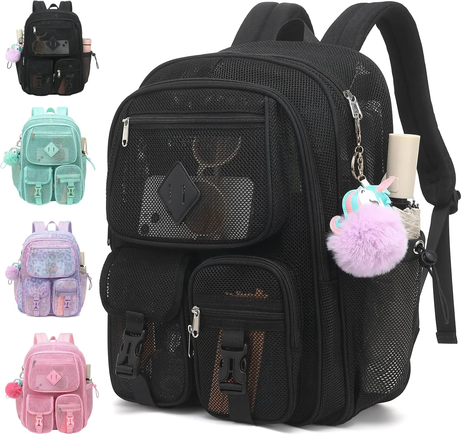 Mesh Backpack for Girls Boys, Heavy Duty Semi-Transparent Mesh Bookbag Womens Mens Mesh Backpacks for School, Sports, Beach, Swimming, Travel Black