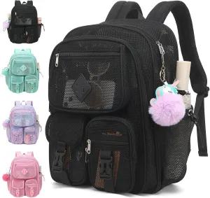 Mesh Backpack for Girls Boys, Heavy Duty Semi-Transparent Mesh Bookbag Womens Mens Mesh Backpacks for School, Sports, Beach, Swimming, Travel Black