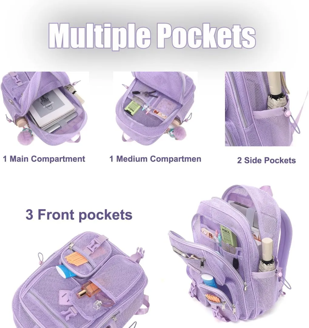 Mesh Backpack for Girls Boys, Heavy Duty Semi-Transparent Mesh Bookbag Womens Mens Mesh Backpacks for School, Sports, Beach, Swimming, Travel Purple
