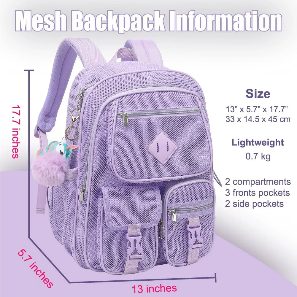 Mesh Backpack for Girls Boys, Heavy Duty Semi-Transparent Mesh Bookbag Womens Mens Mesh Backpacks for School, Sports, Beach, Swimming, Travel Purple