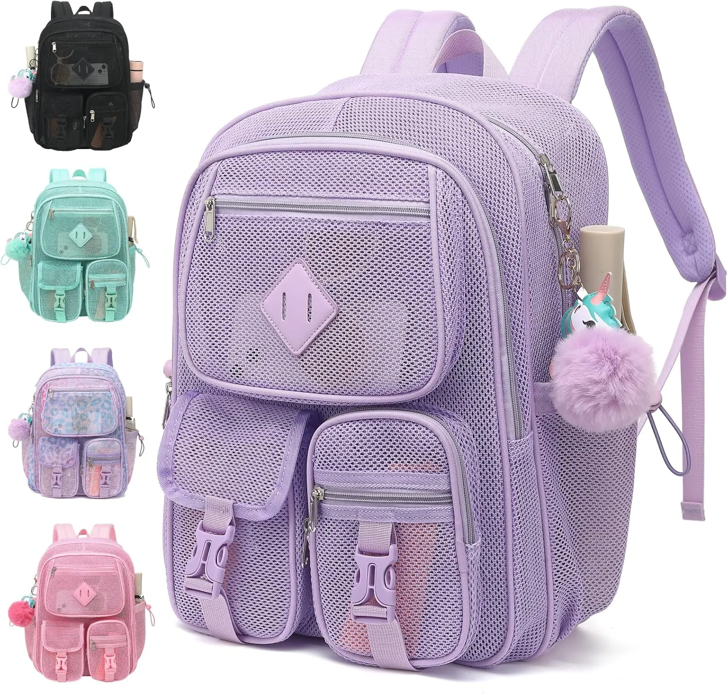 Mesh Backpack for Girls Boys, Heavy Duty Semi-Transparent Mesh Bookbag Womens Mens Mesh Backpacks for School, Sports, Beach, Swimming, Travel Purple