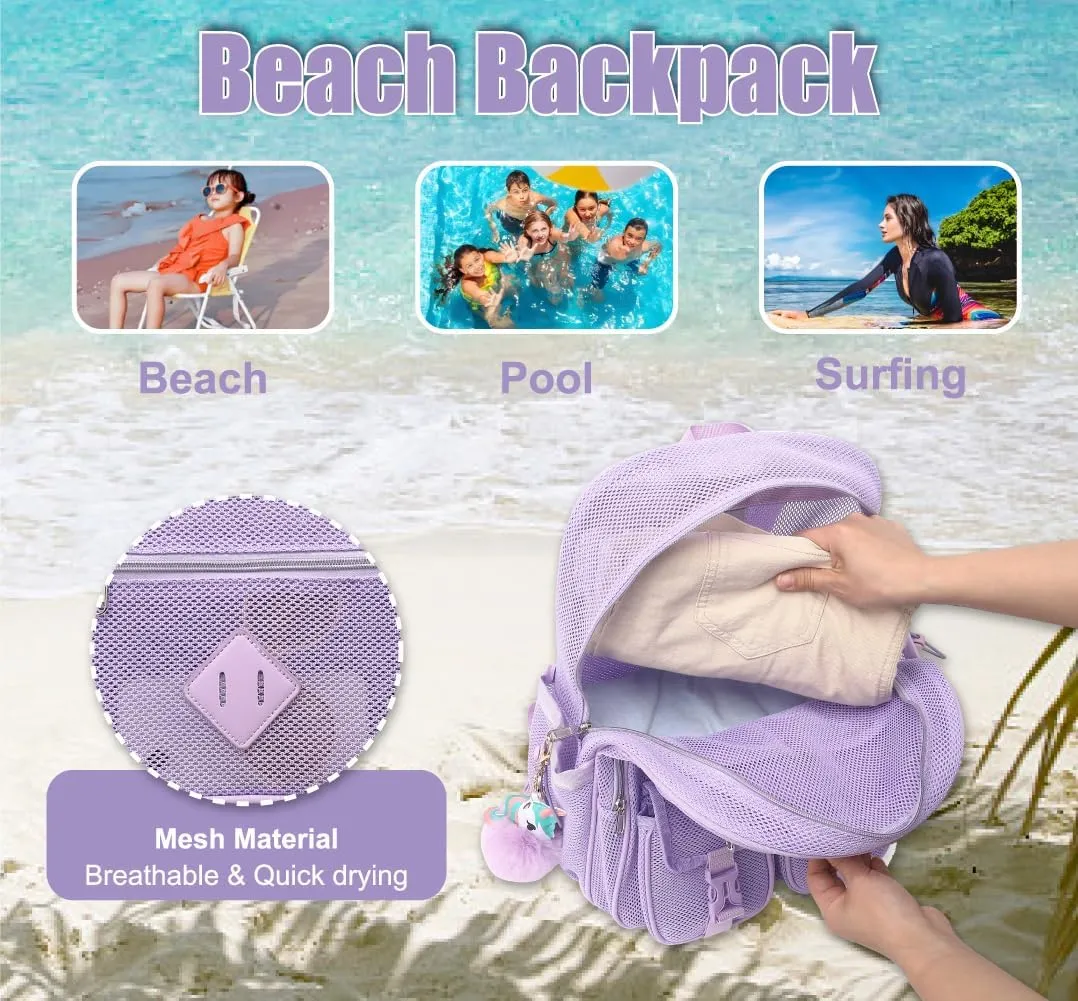 Mesh Backpack for Girls Boys, Heavy Duty Semi-Transparent Mesh Bookbag Womens Mens Mesh Backpacks for School, Sports, Beach, Swimming, Travel Purple