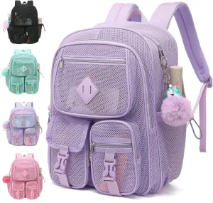 Mesh Backpack for Girls Boys, Heavy Duty Semi-Transparent Mesh Bookbag Womens Mens Mesh Backpacks for School, Sports, Beach, Swimming, Travel Purple