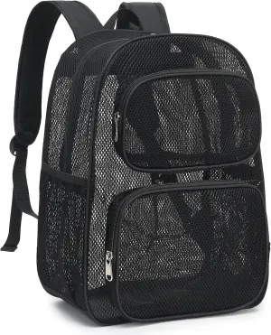 Mesh Backpack for School, Heavy Duty Girls Boys Mesh Bookbag School Bag for Adults Kids Swimming Beach Fitness Sport (Black)