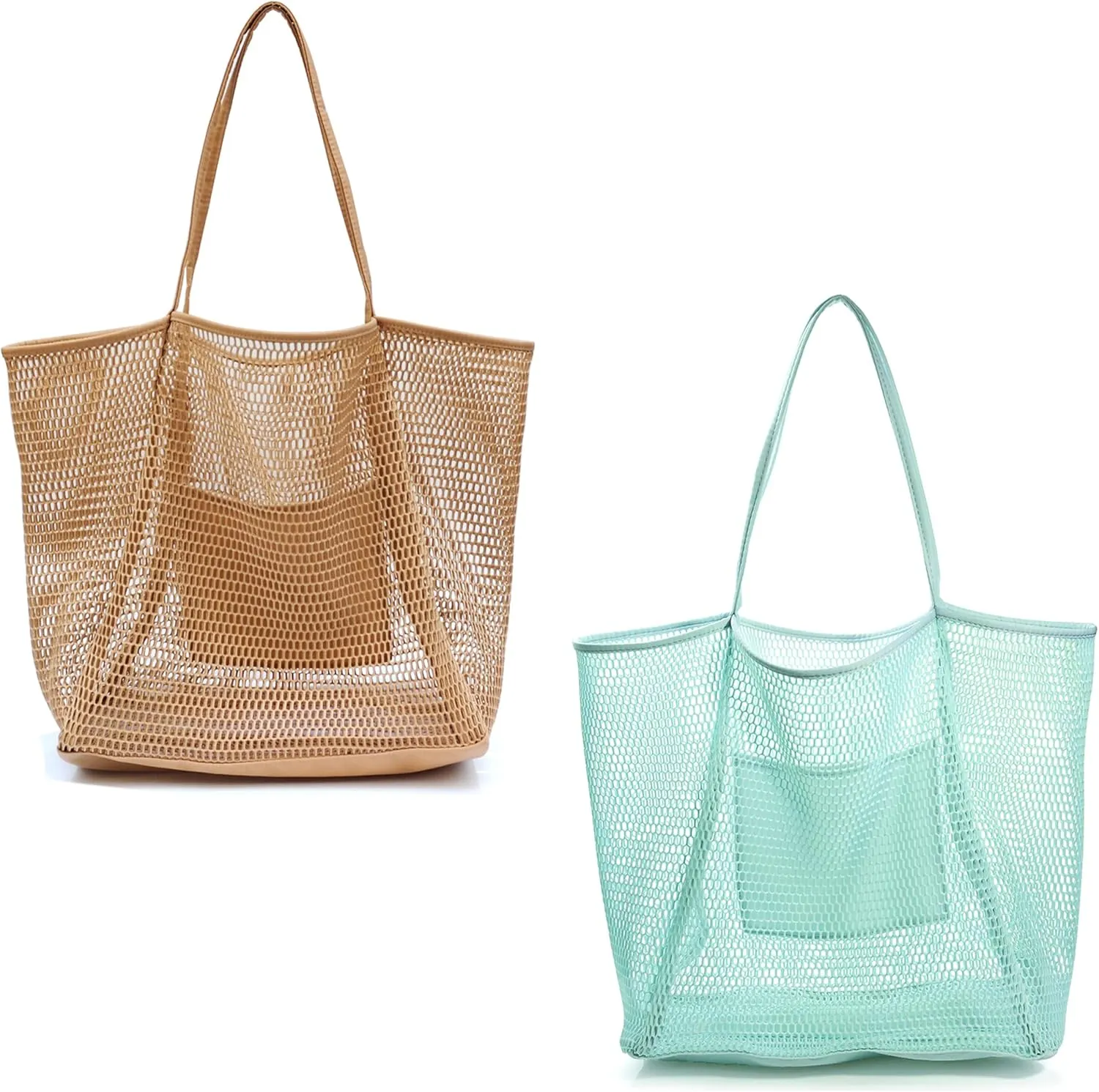 Mesh Beach Tote Womens Shoulder Handbag (Tan, IceBlue)