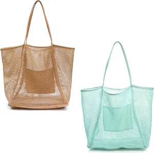 Mesh Beach Tote Womens Shoulder Handbag (Tan, IceBlue)